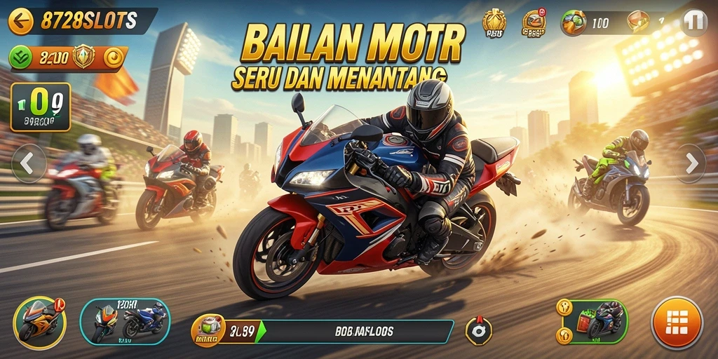Screenshot gameplay dari 8728SLOTS menunjukkan balapan motor yang mendebarkan.