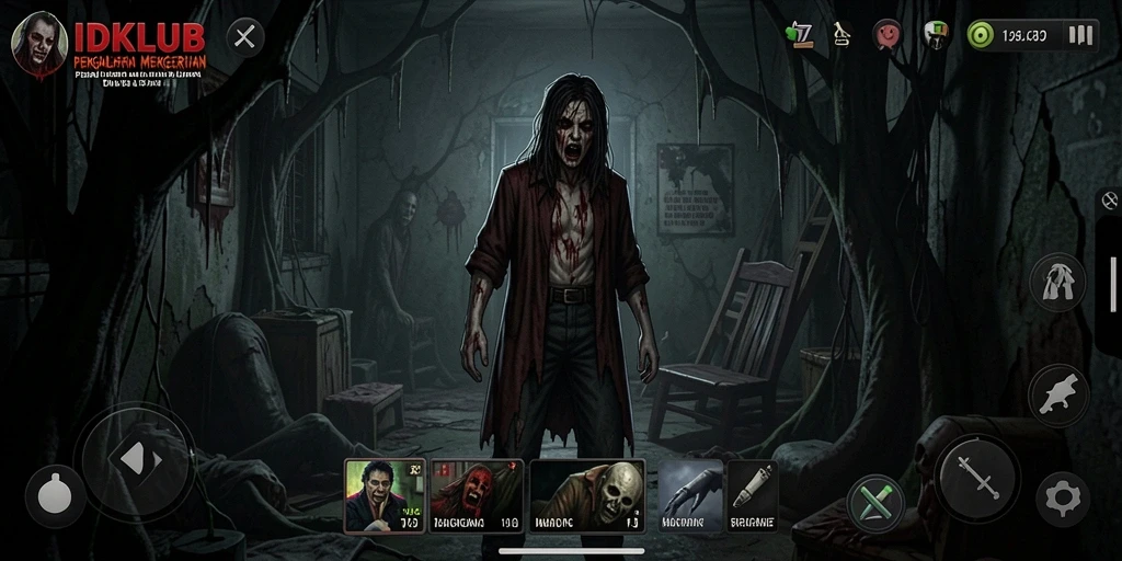 Screenshot utama menampilkan suasana mencekam di dalam game IDKLUB.