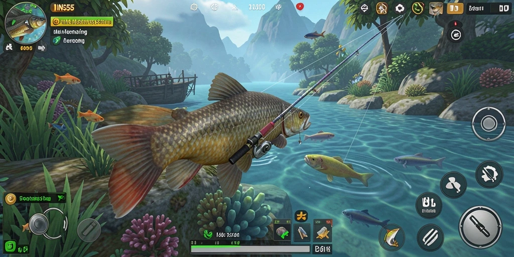 Screenshot dari gameplay INS55 menampilkan aktivitas memancing yang seru.