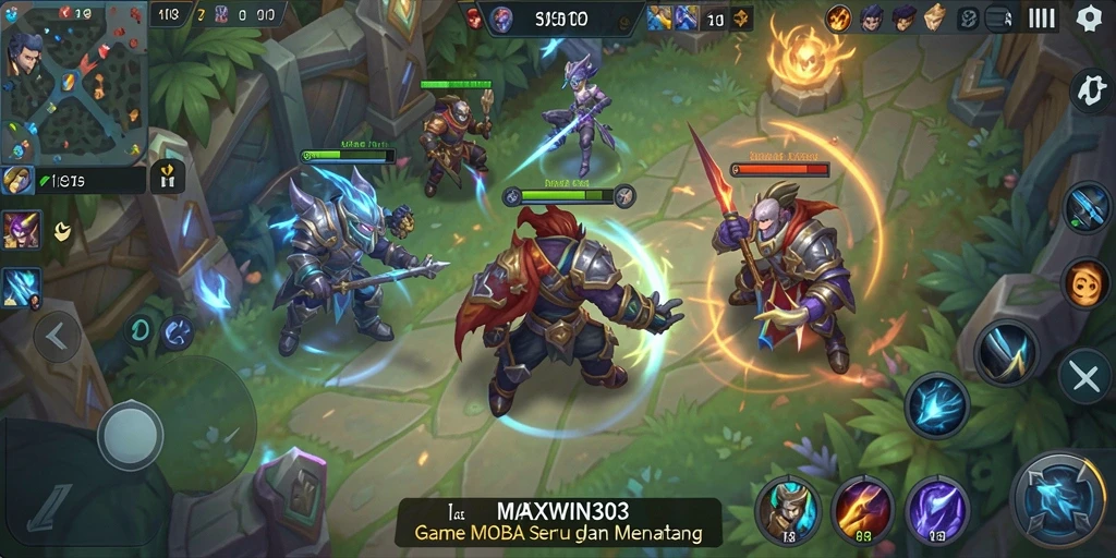 Screenshot gameplay MAXWIN303 menunjukkan aksi seru di arena pertarungan MOBA.