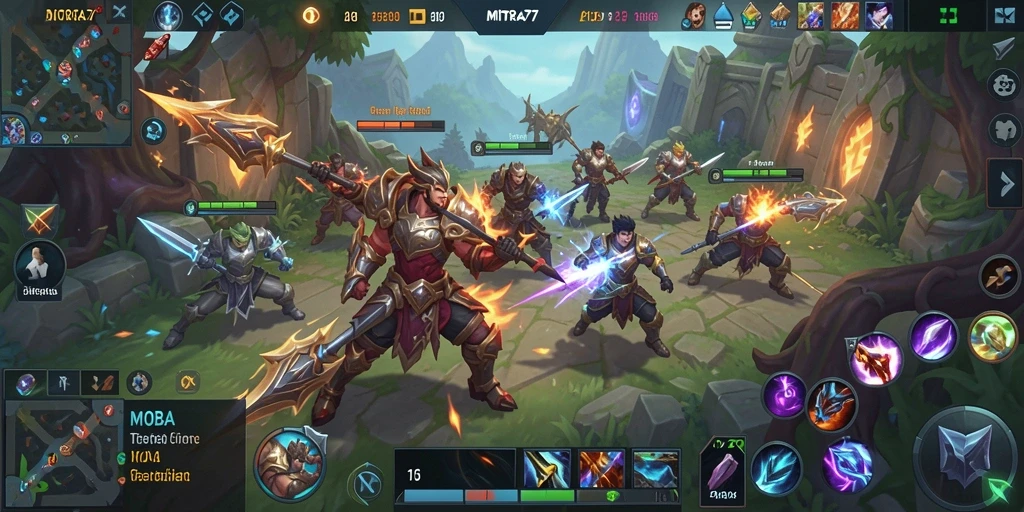Tampilan gameplay seru dengan aksi karakter dalam pertarungan MOBA.