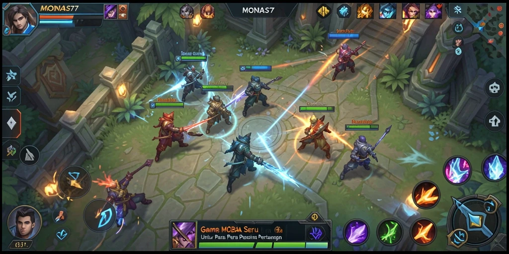 Gameplay seru MONAS77 dalam pertempuran tim MOBA.