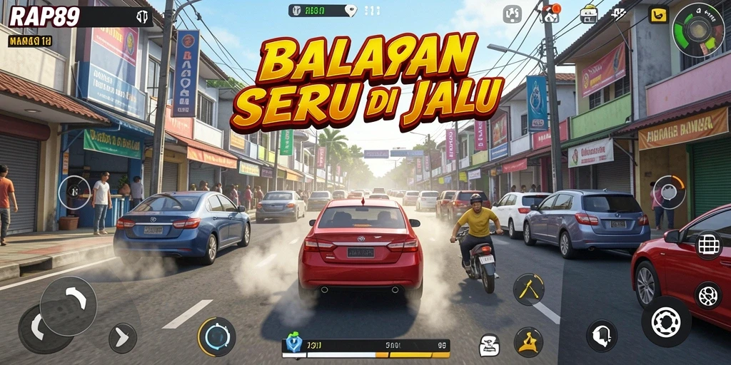 Screenshot gameplay RAP89 menunjukkan balapan yang intens dan mendebarkan.