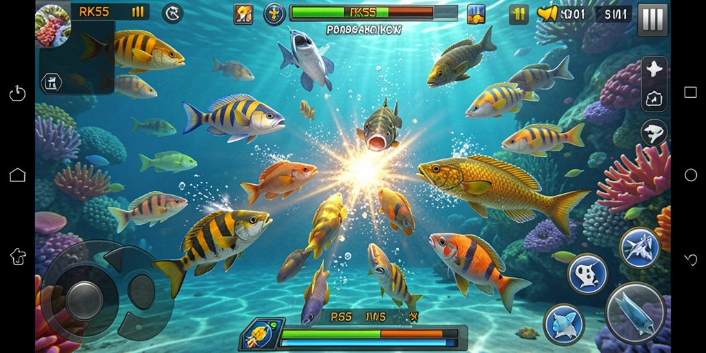 Screenshot utama RK55 menunjukkan aksi seru saat menembak ikan.
