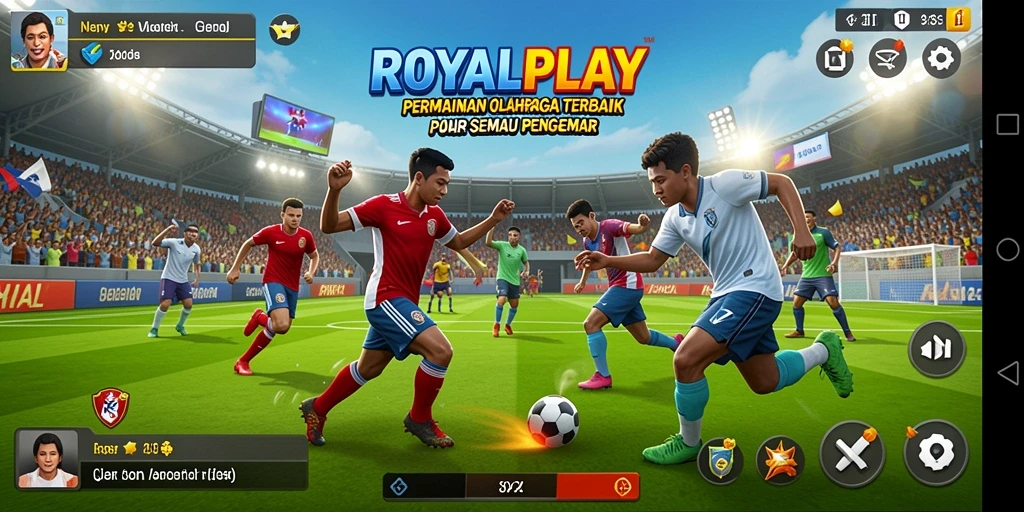 Screenshot gameplay ROYALPLAY menunjukkan aksi seru di lapangan olahraga.