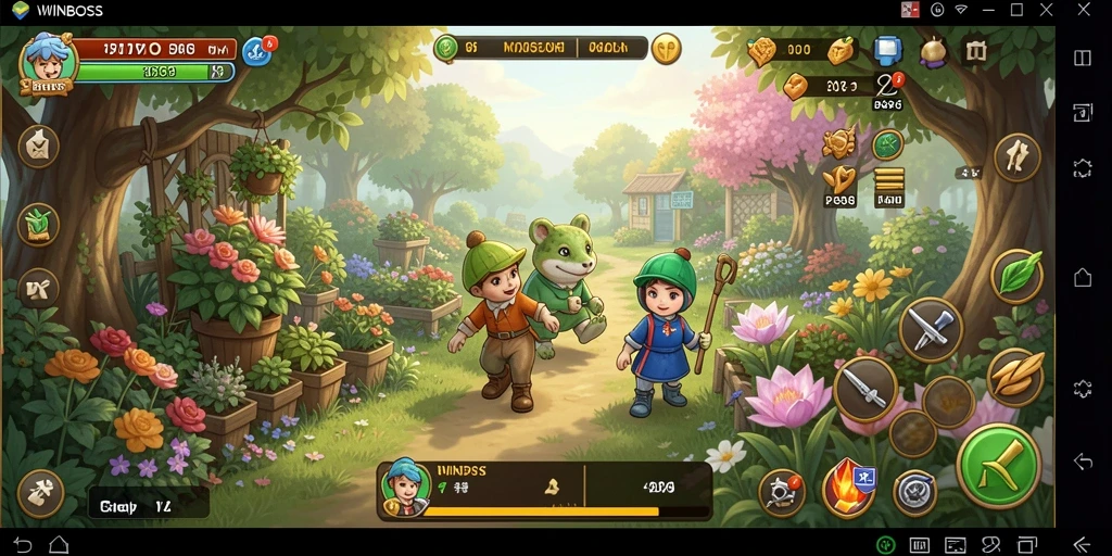 Tampilan gameplay <strong>WINBOSS</strong> dengan kebun hijau dan hewan ternak.